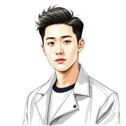 realistic drawing of a young Korean man, depicting detailed facial features, sleek black hair styled neatly, wearing a stylish modern outfit, set against a subtle neutral background to emphasize the figure