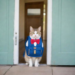 A cute cat wearing a miniature backpack and a bright, oversized bow tie on its first day of kindergarten. The cat is eagerly standing at the door of a tiny animal-sized schoolhouse.