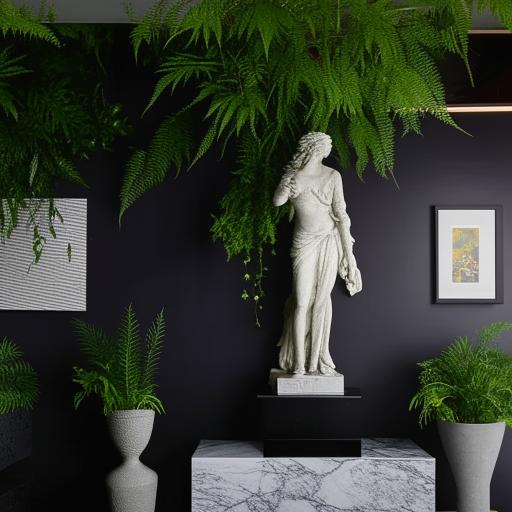 A restaurant interior wall decorated tastefully with numerous elements, including a striking statue. The statue stands out amid framed artworks, mirrors, and enriching green foliage.