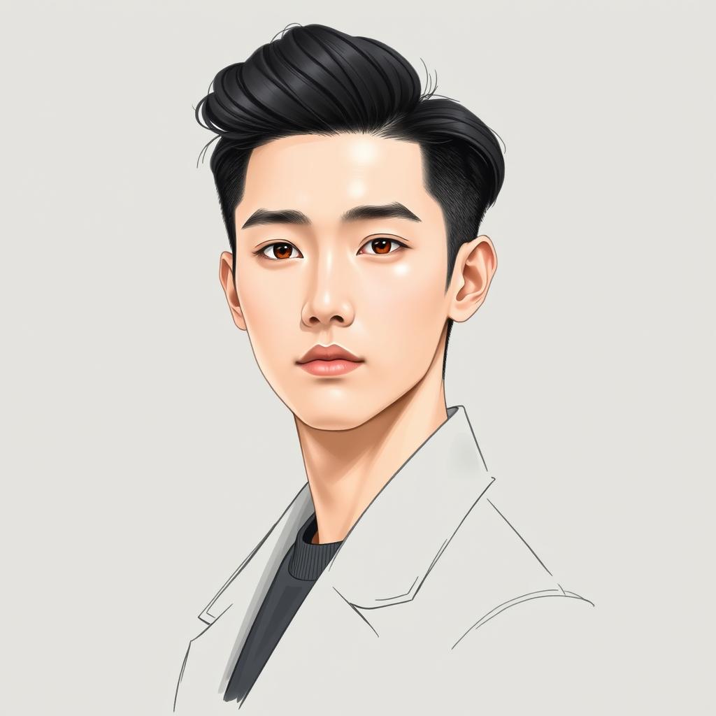 realistic drawing of a young Korean man, depicting detailed facial features, sleek black hair styled neatly, wearing a stylish modern outfit, set against a subtle neutral background to emphasize the figure