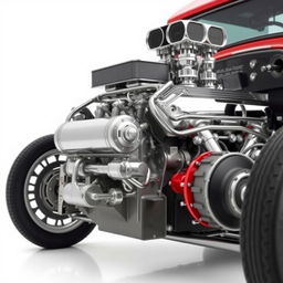 A detailed image of a hot rod engine, captured from the right side, set against a crisp white background, showcasing its intricate components and design