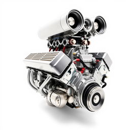 A detailed image of a hot rod engine, captured from the right side, set against a crisp white background, showcasing its intricate components and design