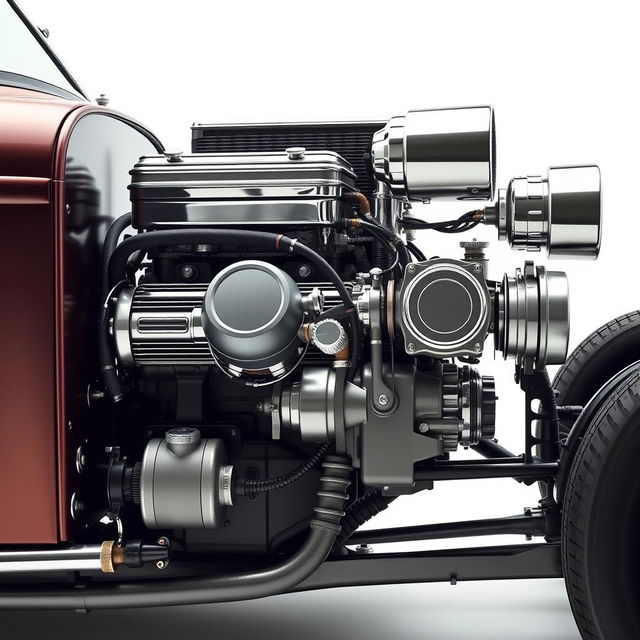 A detailed image of a hot rod engine, captured from the right side, set against a crisp white background, showcasing its intricate components and design