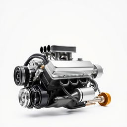 A detailed image of a hot rod engine, captured from the right side, set against a crisp white background, showcasing its intricate components and design