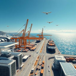 A futuristic port infrastructure filled with advanced technology elements