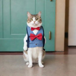 A cute cat wearing a miniature backpack and a bright, oversized bow tie on its first day of kindergarten. The cat is eagerly standing at the door of a tiny animal-sized schoolhouse.