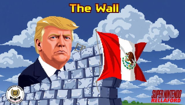 A pixel art image depicting a wall in a classic video game style, with a large face of a man resembling a political figure on the left side of the wall