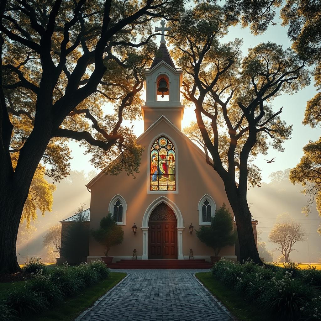 A serene and deeply spiritual image of a traditional Christian church with a bell tower, surrounded by a peaceful and lush green garden