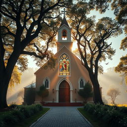 A serene and deeply spiritual image of a traditional Christian church with a bell tower, surrounded by a peaceful and lush green garden