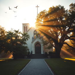 A serene and deeply spiritual image of a traditional Christian church with a bell tower, surrounded by a peaceful and lush green garden