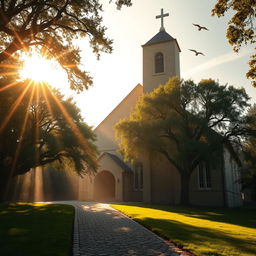 A serene and deeply spiritual image of a traditional Christian church with a bell tower, surrounded by a peaceful and lush green garden