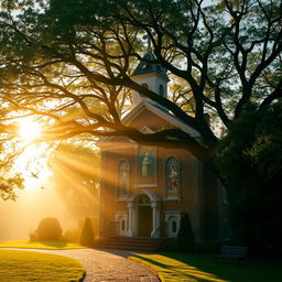 A serene and deeply spiritual image of a traditional Christian church with a bell tower, surrounded by a peaceful and lush green garden