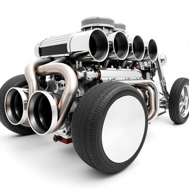 A detailed image of a hot rod engine with four large exhausts, captured from the right side, set against a pristine white background, highlighting the powerful design and intricate mechanical details of the engine and exhausts