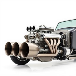 A detailed image of a hot rod engine with four large exhausts, captured from the right side, set against a pristine white background, highlighting the powerful design and intricate mechanical details of the engine and exhausts