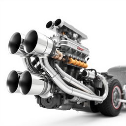 A detailed image of a hot rod engine with four large exhausts, captured from the right side, set against a pristine white background, highlighting the powerful design and intricate mechanical details of the engine and exhausts