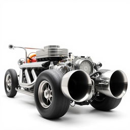 A detailed image of a hot rod engine with four large exhausts, captured from the right side, set against a pristine white background, highlighting the powerful design and intricate mechanical details of the engine and exhausts