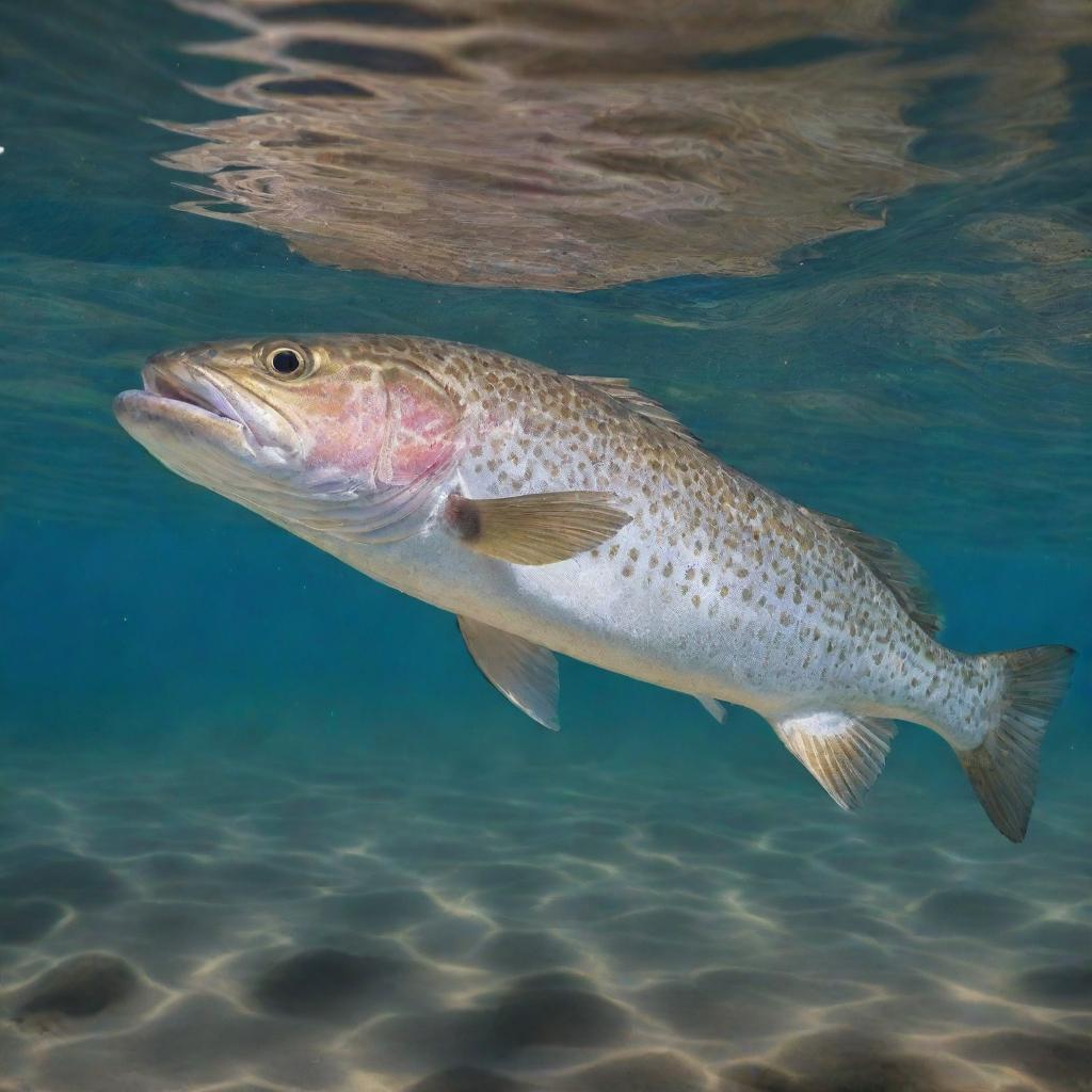 Muscular speckled trout with impressive physique, swimming in clear water with sunshine reflecting off its lustrous scales.