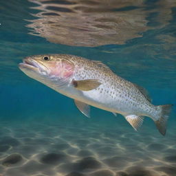 Muscular speckled trout with impressive physique, swimming in clear water with sunshine reflecting off its lustrous scales.