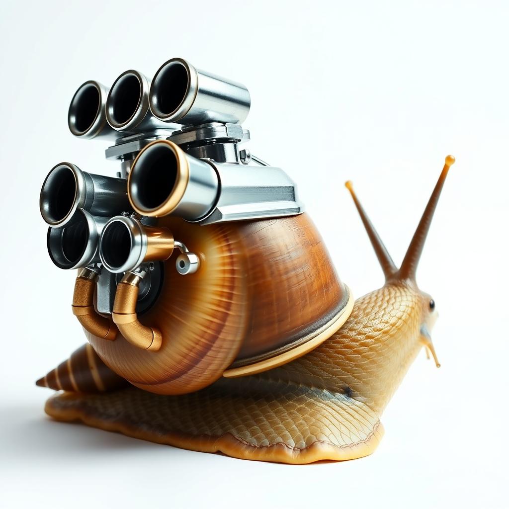 A creative and imaginative image of a snail with a hot rod engine mounted on its shell, featuring four large exhausts