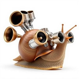 A creative and imaginative image of a snail with a hot rod engine mounted on its shell, featuring four large exhausts