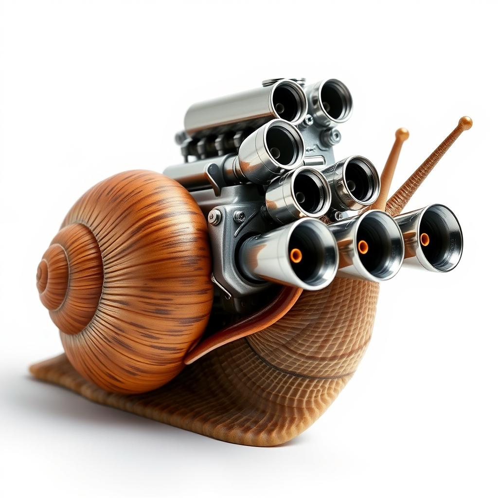 A creative and imaginative image of a snail with a hot rod engine mounted on its shell, featuring four large exhausts