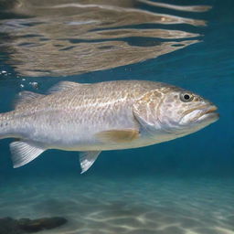 Muscular speckled trout with impressive physique, swimming in clear water with sunshine reflecting off its lustrous scales.