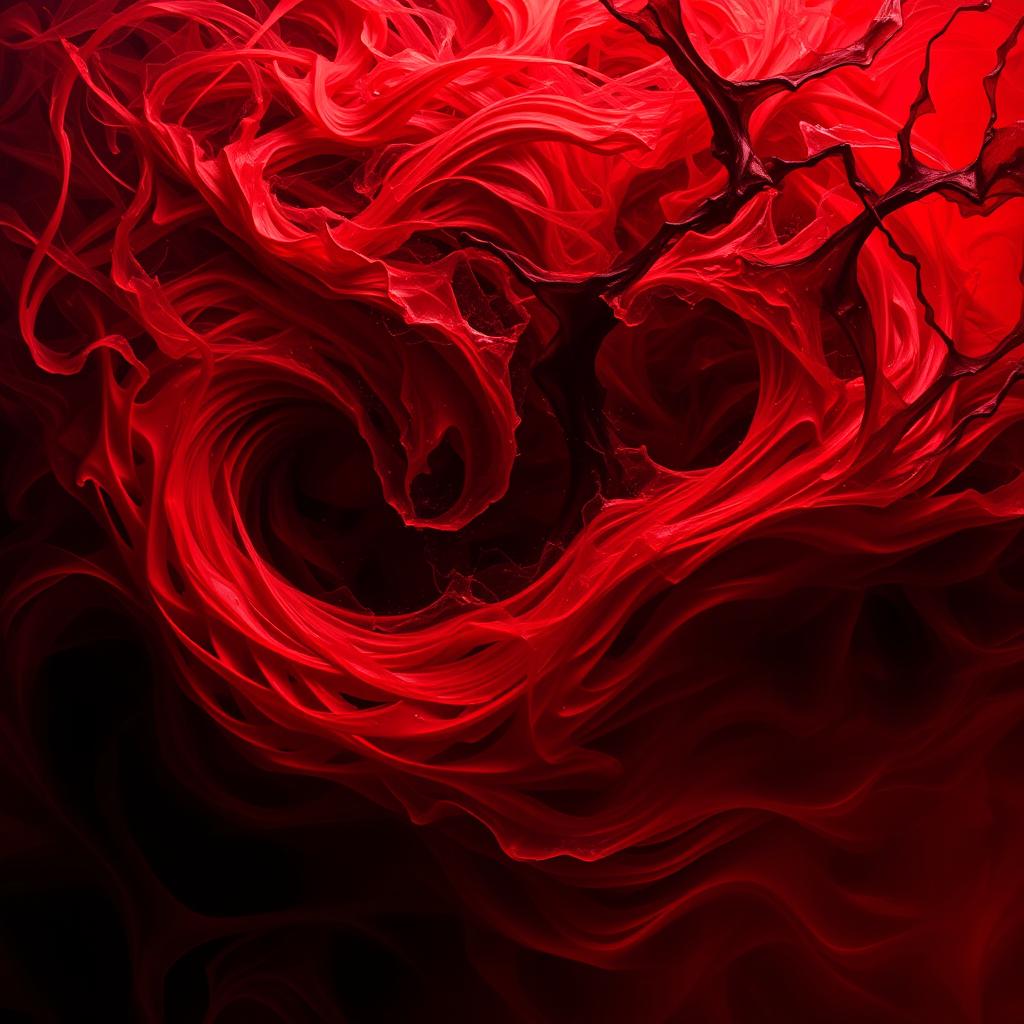 A dramatic depiction of raw emotions and intense passion captured through abstract, swirling motions and a dynamic interplay of vibrant reds and deep shadows