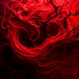 A dramatic depiction of raw emotions and intense passion captured through abstract, swirling motions and a dynamic interplay of vibrant reds and deep shadows