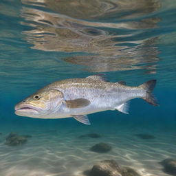 Muscular speckled trout with impressive physique, swimming in clear water with sunshine reflecting off its lustrous scales.