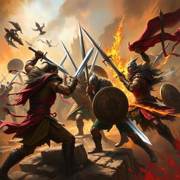 A dramatic and intense visual representation of a conflict or battle scene with warriors clashing fiercely in a mythical or fantasy setting