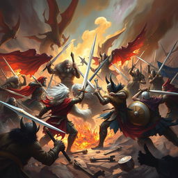 A dramatic and intense visual representation of a conflict or battle scene with warriors clashing fiercely in a mythical or fantasy setting