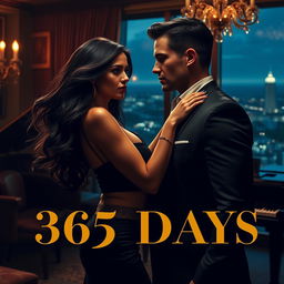 A romantic and dramatic scene inspired by the movie '365 Days', featuring a passionate couple in a luxurious setting