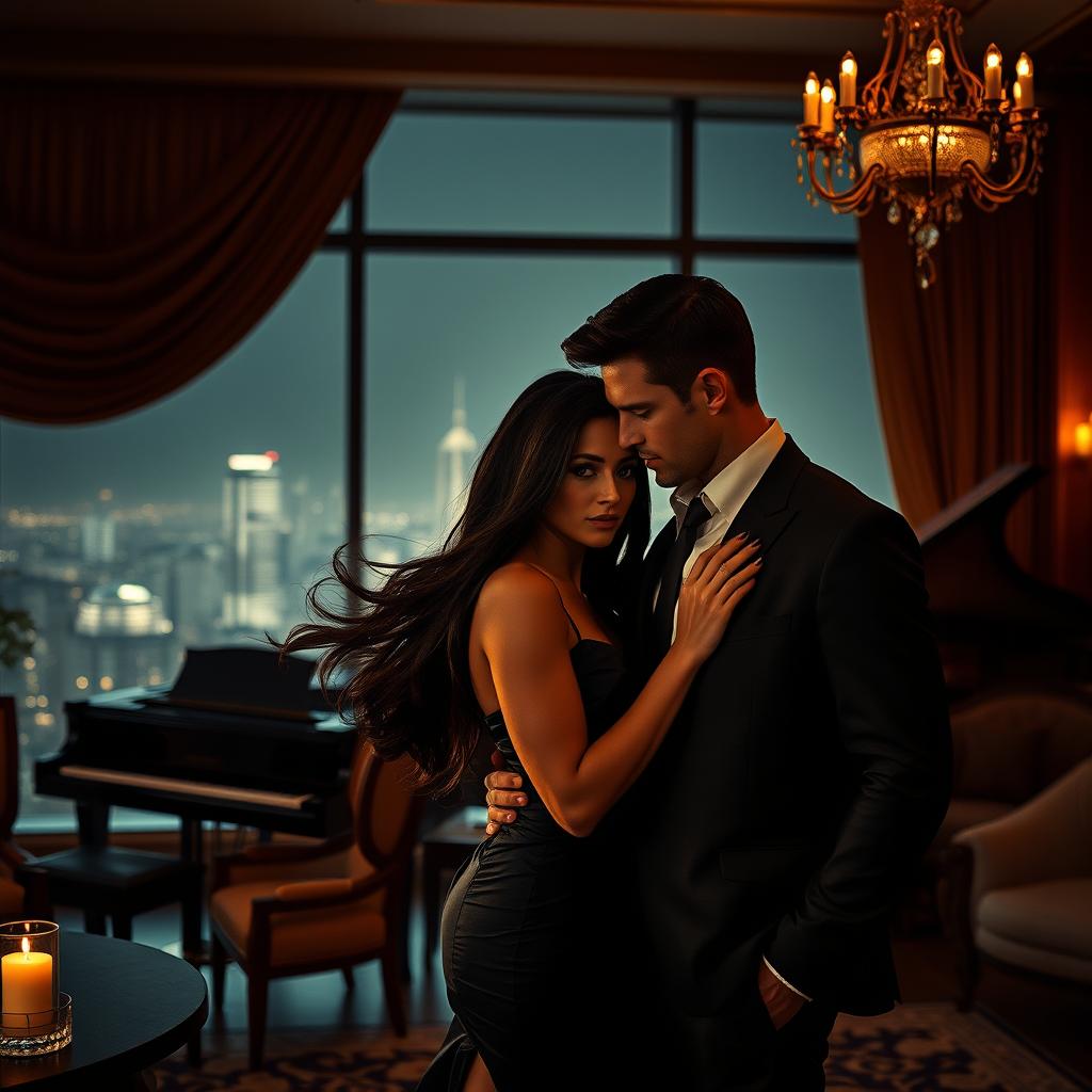 A romantic and dramatic scene inspired by the movie '365 Days', featuring a passionate couple in a luxurious setting