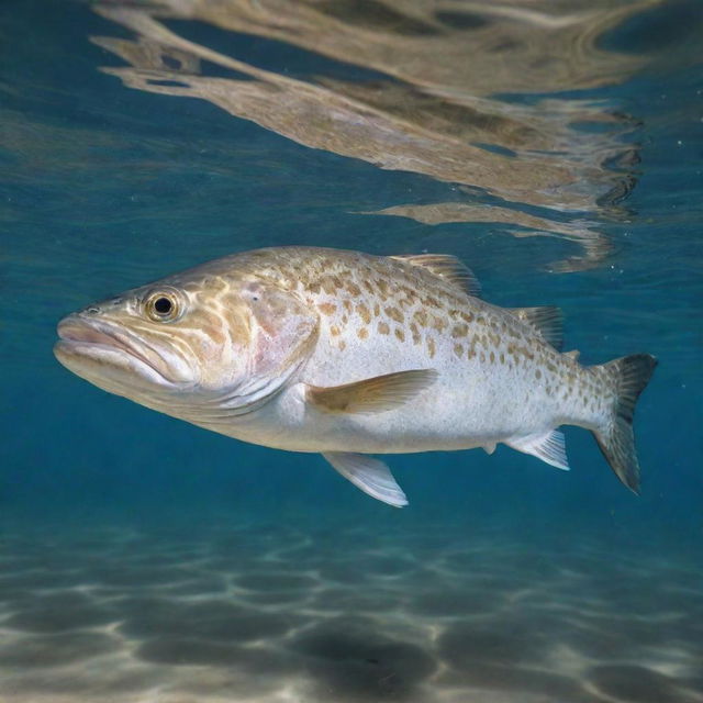 Muscular speckled trout with impressive physique, swimming in clear water with sunshine reflecting off its lustrous scales.