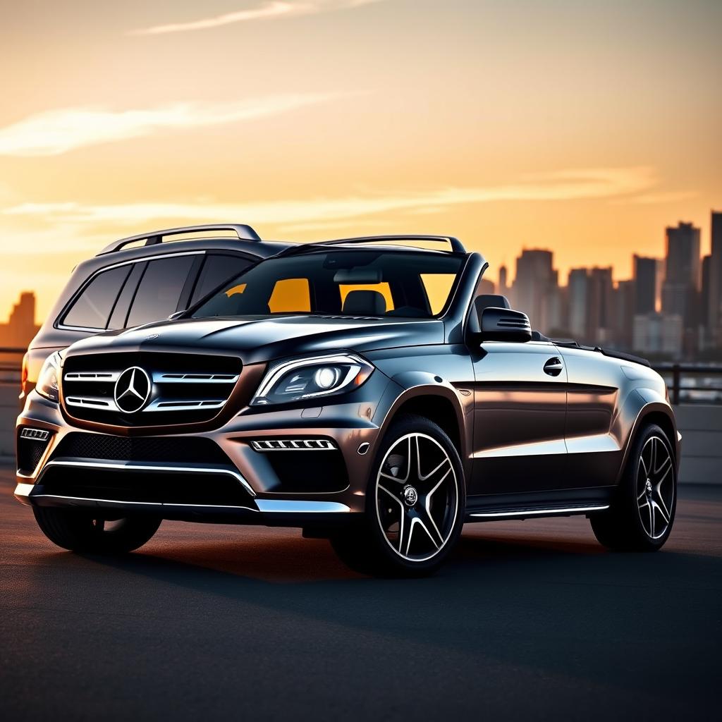 2015 Mercedes Benz GL63 AMG, a luxurious and powerful SUV, parked under a sunset sky