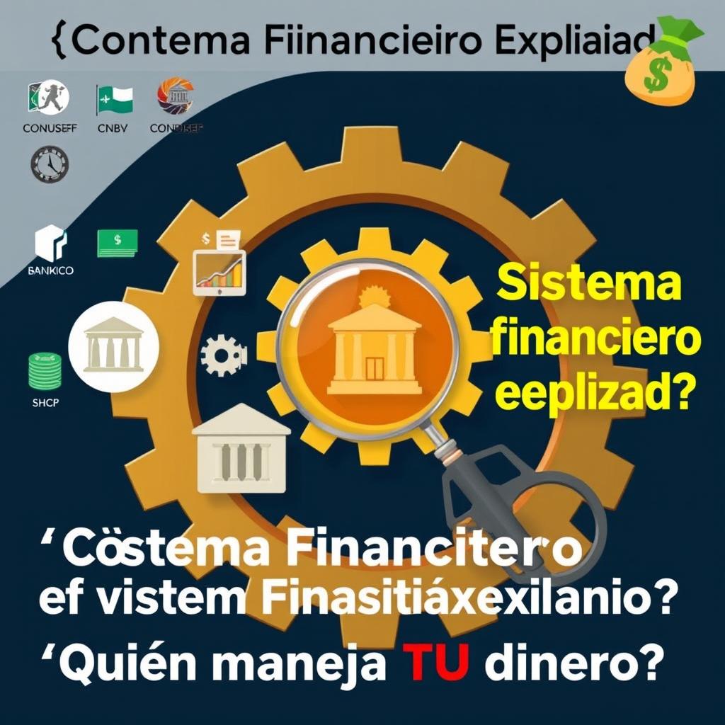 A visually engaging and informative thumbnail for a video titled "¿Cómo funciona el Sistema Financiero Mexicano?" featuring a giant gear illustration with icons of money, banks, stock market graphs, and a magnifying glass highlighting one icon, symbolizing the financial system