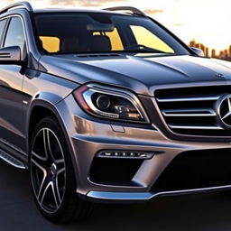 2015 Mercedes Benz GL63 AMG, a luxurious and powerful SUV, parked under a sunset sky