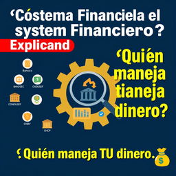 A visually engaging and informative thumbnail for a video titled "¿Cómo funciona el Sistema Financiero Mexicano?" featuring a giant gear illustration with icons of money, banks, stock market graphs, and a magnifying glass highlighting one icon, symbolizing the financial system