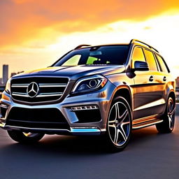 2015 Mercedes Benz GL63 AMG, a luxurious and powerful SUV, parked under a sunset sky