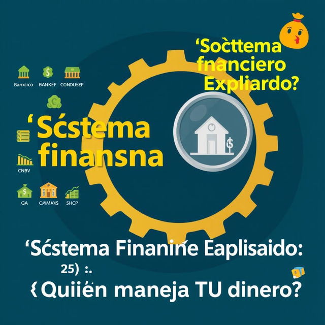 A visually engaging and informative thumbnail for a video titled "¿Cómo funciona el Sistema Financiero Mexicano?" featuring a giant gear illustration with icons of money, banks, stock market graphs, and a magnifying glass highlighting one icon, symbolizing the financial system