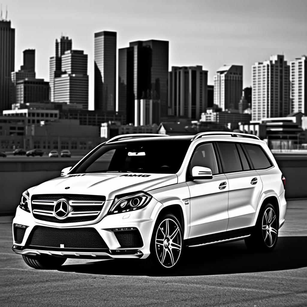 2015 Mercedes Benz GL63 AMG, a luxurious and powerful SUV, portrayed in a black and white photograph