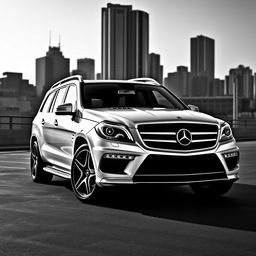 2015 Mercedes Benz GL63 AMG, a luxurious and powerful SUV, portrayed in a black and white photograph