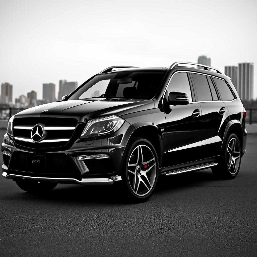 2015 Mercedes Benz GL63 AMG, a luxurious and powerful SUV, portrayed in a black and white photograph