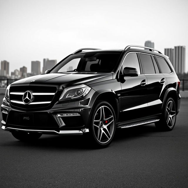 2015 Mercedes Benz GL63 AMG, a luxurious and powerful SUV, portrayed in a black and white photograph