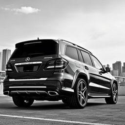 2015 Mercedes Benz GL63 AMG, a luxurious and powerful SUV, portrayed in a black and white photograph