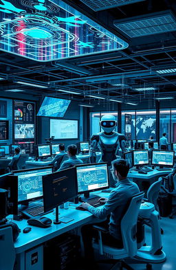 A futuristic office environment filled with advanced technology, showcasing holographic displays, sleek workstations with multiple screens, and a robot assistant