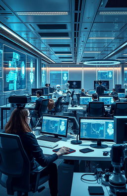 A futuristic office environment filled with advanced technology, showcasing holographic displays, sleek workstations with multiple screens, and a robot assistant