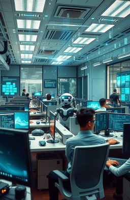 A futuristic office environment filled with advanced technology, showcasing holographic displays, sleek workstations with multiple screens, and a robot assistant