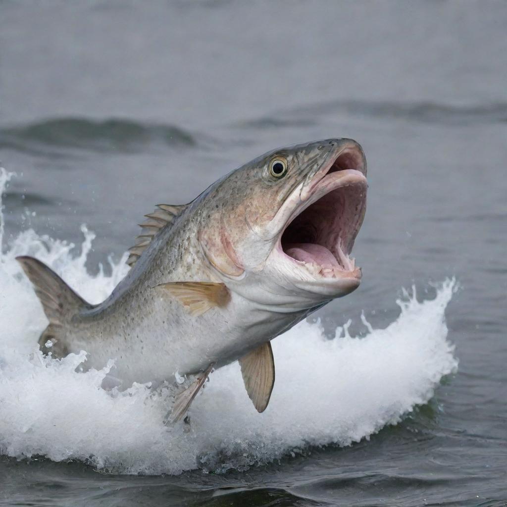 A speckled seatrout with an angry expression, bearing sharp teeth and a leaping water splash in the background.