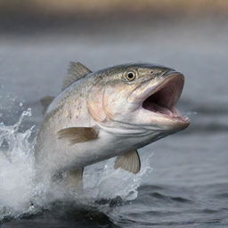 A speckled seatrout with an angry expression, bearing sharp teeth and a leaping water splash in the background.